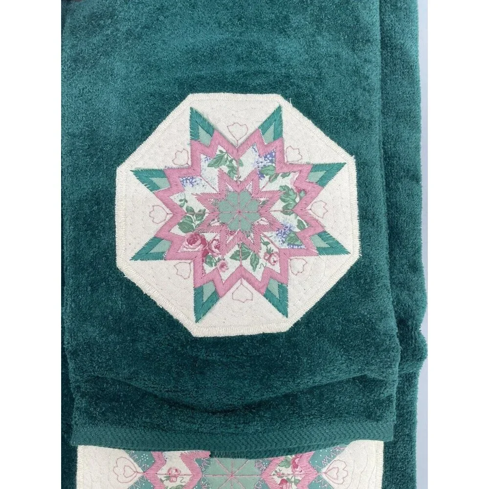 Vintage Royal Terry 3 Pc Bath Towel Set Ensemble Quilted Star Embroidered Green